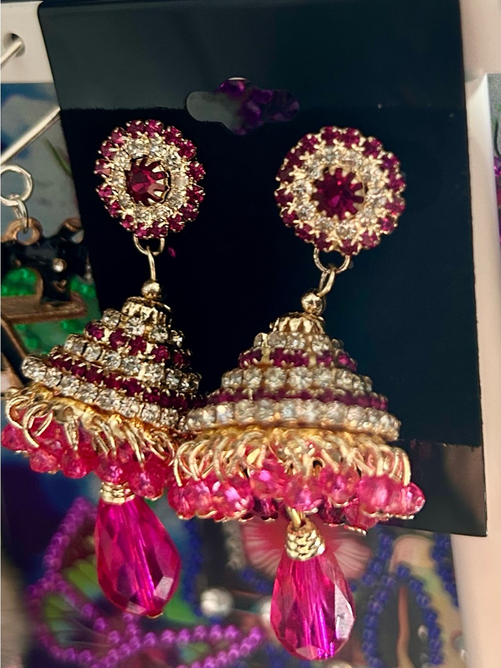 Gold-Tone Pink Crystal Jhumka Earrings